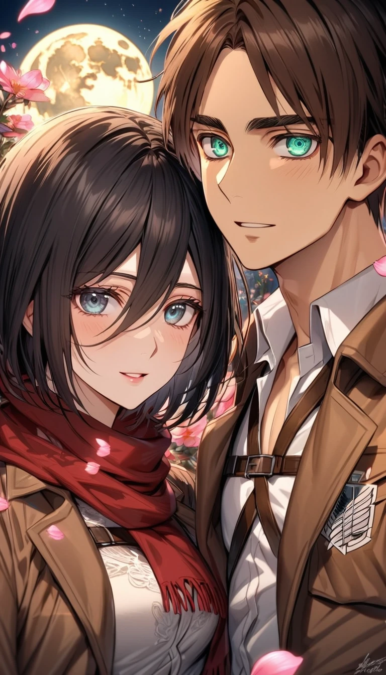 Ultra detailed, highres, absurdres, HDR, Eren Jeager, brown hair, expressive turquoise eyes, brown jacket, white shirt, Mikasa Ackerman, black hair, expressive gray eyes, brown jacket, white shirt, red scarf, Shingeki No Kyojin, pink flowers, petals, fireflies, moon, a beautiful woman together with a handsome man, couple, handsome, beautiful, very detailed face and eyes, smiling
