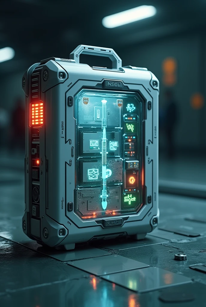 Design a high-tech, futuristic medkit with glowing medical symbols and sleek, metallic casing. The kit should have holographic elements or compartments that suggest advanced healing capabilities. Include small details like syringes filled with glowing liquid or a digital display indicating vital signs. The background could be a sterile medical bay or a dark, desolate area where survival is crucial.