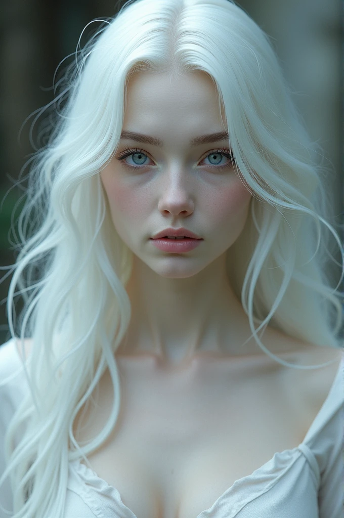 A white woman with white hair silver eyes pink lips