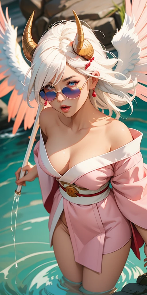 an angel with red wings, ram horns, white hair on the shoulder, eye white, cleriga, wearing a light pink kimono , blue sunglasses, de corpo inteiro, in a style that combines dungeons and dragons art, oil painting, complex lighting, water colour, fancy, defined lines, saturated flat cores, film composition, perspective, Sketch Style, ultra-realistic, HD, with warm colors.