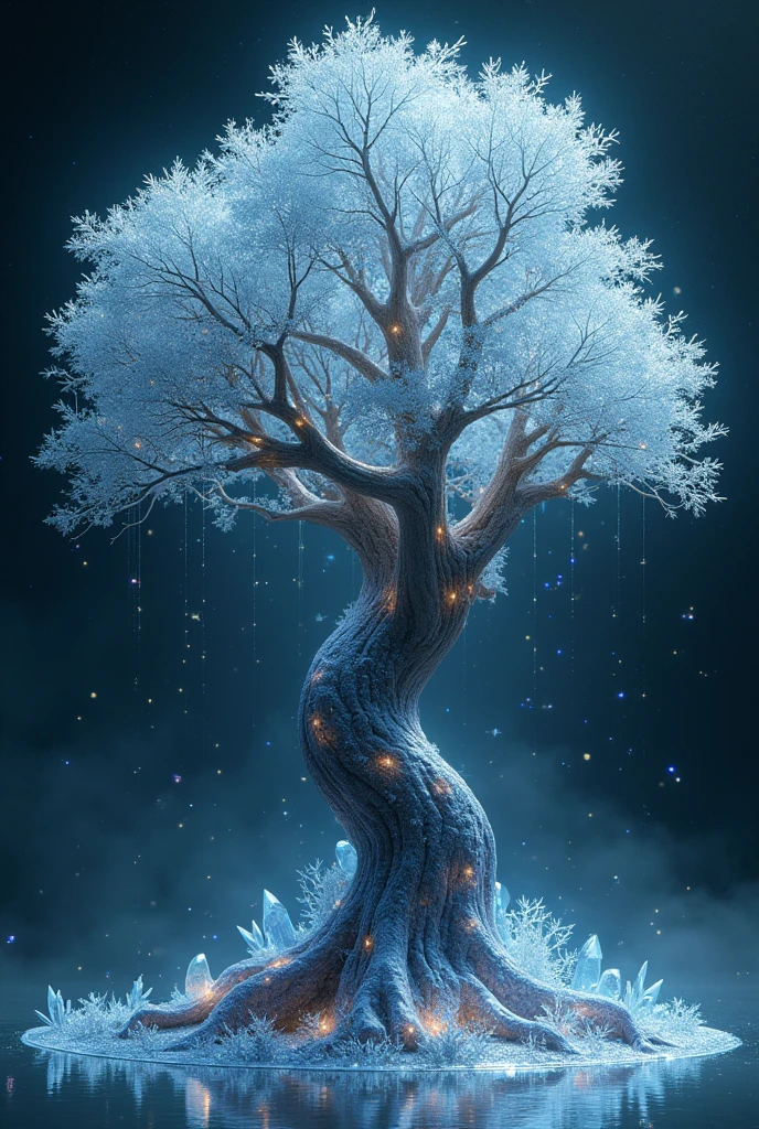 World Tree Theme, Black canvas, 透明でShine雪の結晶が降る, Transparent holographic reflection, (Highest quality,4K,8k,High resolution,masterpiece:1.2),Very detailed,(Realistic,photoRealistic,photo-Realistic:1.37),Very detailed, Complex, hyperRealistic, Cinema Lighting, Dramatic lighting, Volumetric lighting, 3D Depth, Crystal-like texture, Glass-like surface, Mysterious, dream-like, Mysterious, Otherworldly, Magic, Shine, Sparkling, Refract, Iridescent, translucent, bright, Shine