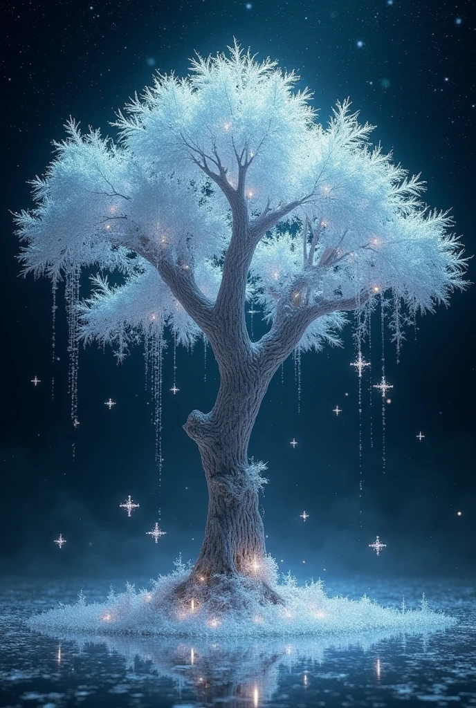 World Tree Theme, Black canvas, 透明でShine雪の結晶が降る, Transparent holographic reflection, (Highest quality,4K,8k,High resolution,masterpiece:1.2),Very detailed,(Realistic,photoRealistic,photo-Realistic:1.37),Very detailed, Complex, hyperRealistic, Cinema Lighting, Dramatic lighting, Volumetric lighting, 3D Depth, Crystal-like texture, Glass-like surface, Mysterious, dream-like, Mysterious, Otherworldly, Magic, Shine, Sparkling, Refract, Iridescent, translucent, bright, Shine