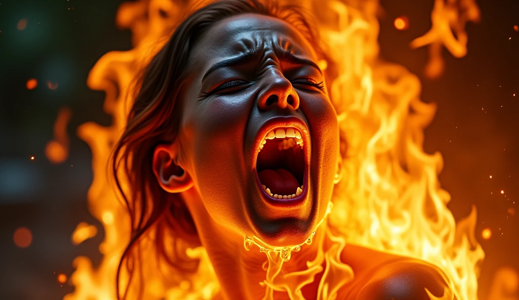 hyper-realistic closeup, Fire over entirely engulfing and covering a screaming  girl, flames wrap around the girl as they flow over her and burn her, the girl is fully ablaze, the girl is screaming in pain as she burns to death, trapped inside a steel furnace filled with fire, flames overlay the girl almost entirely, her skin is blackened and charred, her body is on fire