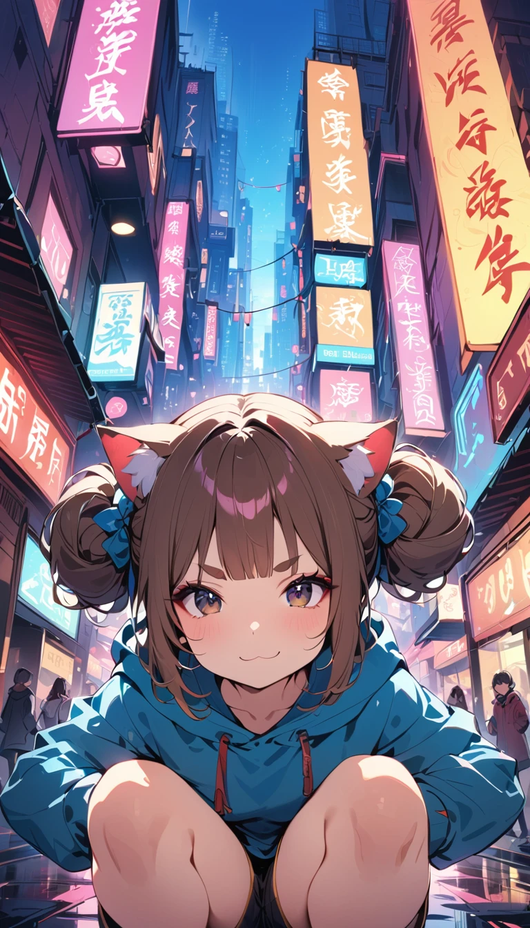 (((masterpiece, Highest quality, 1 girl with cat ears, alone, 独奏))), (((two side bun hairstyle, a little lighter brown hair,Lift all the hair on the sides, Very round eyebrows:1.8, bangs, Beautiful Eyes, Droopy eyes:1.6, Black Eyes))), (smug face, :3 face, smug face, Open your mouth, Red round cheeks, Mouth ω) View your viewers, 1, (((Navy blue Chinese style hoodie, hot pants))), Small breasts, ((whole body, squat, arms behind)), from the front, full moon, A city full of neon lights in China, Many faint particles of light on the entire screen,
