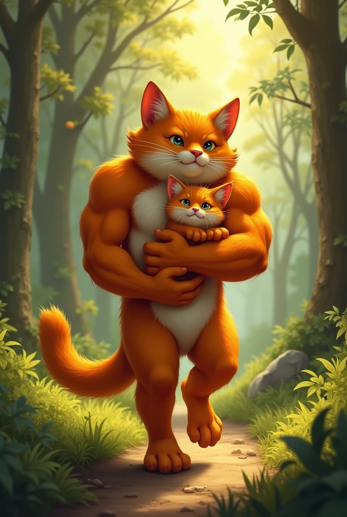 *Returning Home with Ember**:
   - *Prompt*: "A muscular orange cat with a human body, carrying a small orange kitten close to his chest as he walks back home through the forest. Blaze’s expression is one of relief and love, and the kitten is snuggled up against him, safe and warm. The forest is brightening as they approach the safety of their cozy home in the distance."
