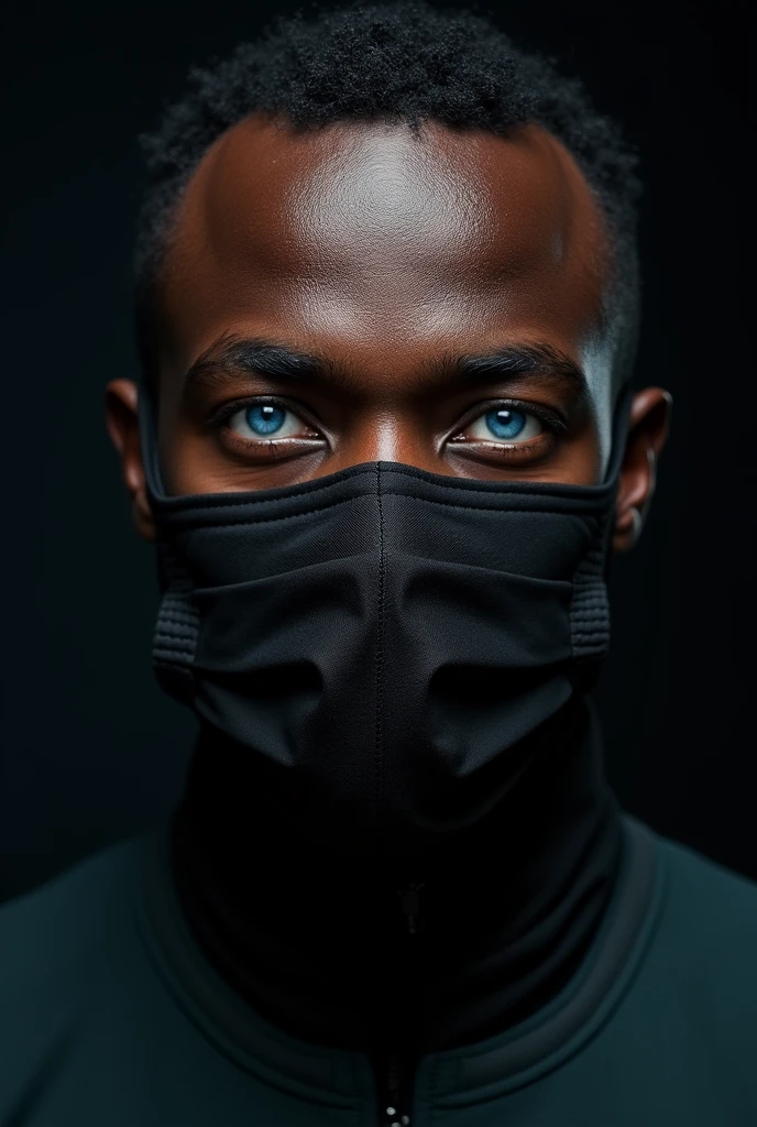 african man, with blue eyes, wearing a black surgical mask.