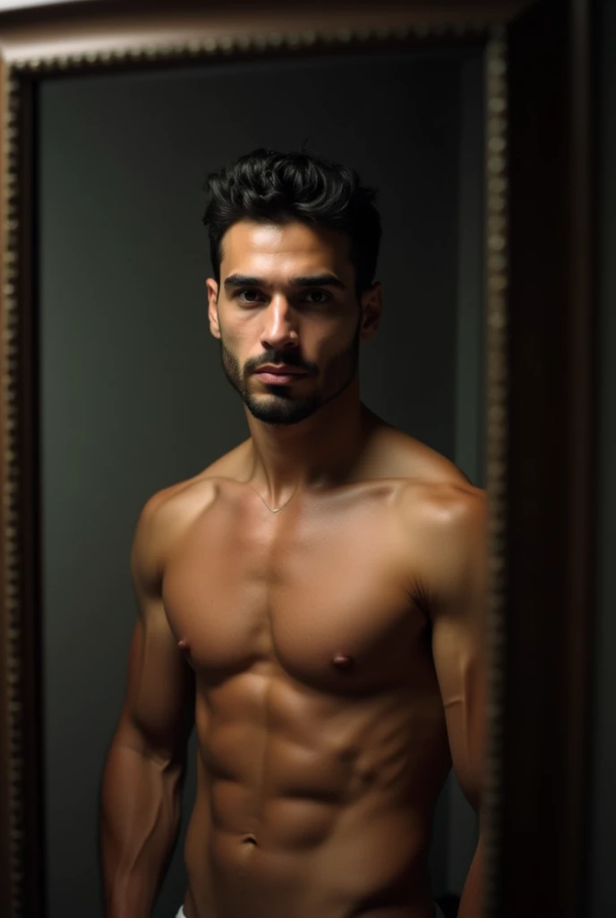 Slim Fit latin man topless, selfie mirror