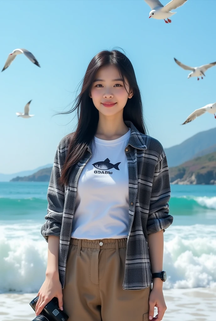 Beautiful Korean girl with smooth white skin, well-groomed face, long straight black hair, faint smile, black and white checkered shirt, white t-shirt decorated with fish motifs) brown cargo pants, cool watch. Posing standing on the beach carrying a camera, under a bright blue sky, big sea waves in the background, there are fishermen, seagulls flying. clear blue sky, very beautiful, mountains and waterfalls, as well as beautiful flowers, original and realistic photos
