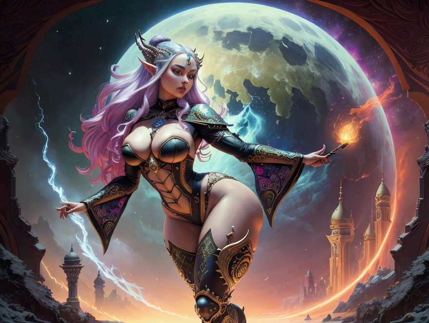 hypermaximalist, provocative fantasy, fantasy magic, Intricate, illustration, Very detailed, Digital paint, 1 girl, elven, wide curves, Very detailed face, wide hips, Incredibly detailed accented big booty with phenomenal detailed booty cheeks, Conceptual art, death, artegerm, Paul Lewin y Kehinde Wiley, Art masterpiece,