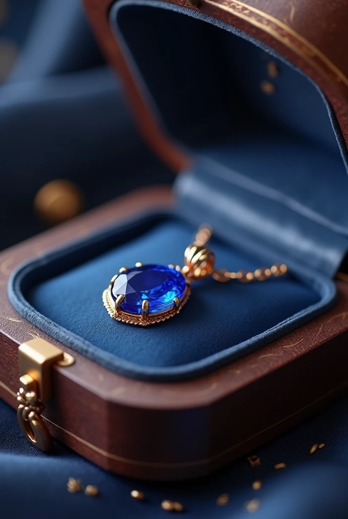 Realistic sapphire necklace inside a beautiful box