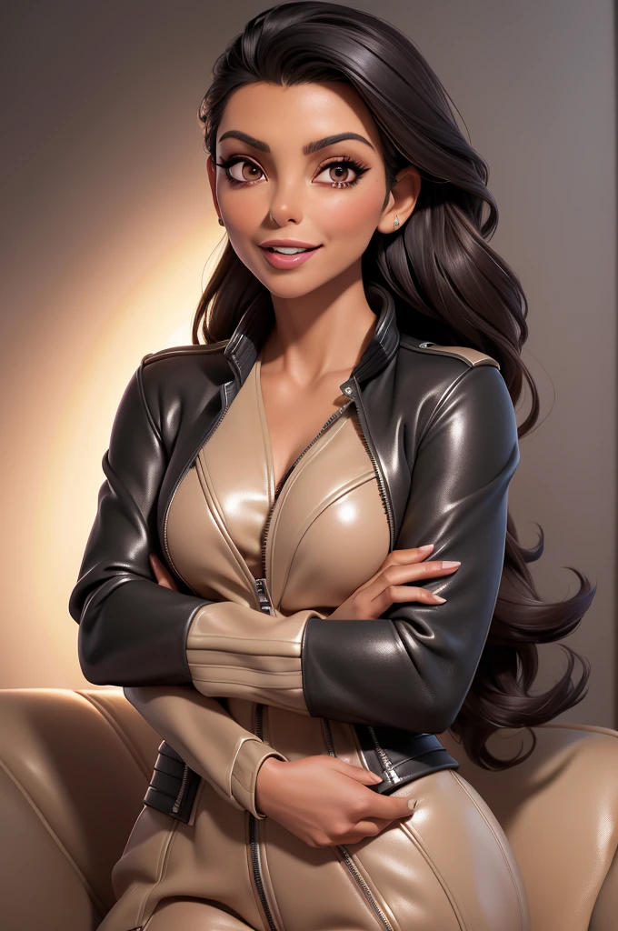 obra prima, melhor qualidade, ((only one woman,)) ((eva longoria, dark tan skin, straight black hair, heavy vamp makeup eye shadow, deep dimples, open mouth juvenile smile,)) (((wearing thigh length dark cream metallic leather jacket,))) (((jacket is zipped up, jacket covers waist and ass,))) ((jacket has stiff high collar,)) body is very skinny, (((on couch,))) ((her arms are folded, her back is arched, her shoulders lean way back, head tilted way back,)) ((camera front view of body, extreme closeup view of upper body,)) shallow depth of field, highres, HD, 8k, anatomically correct