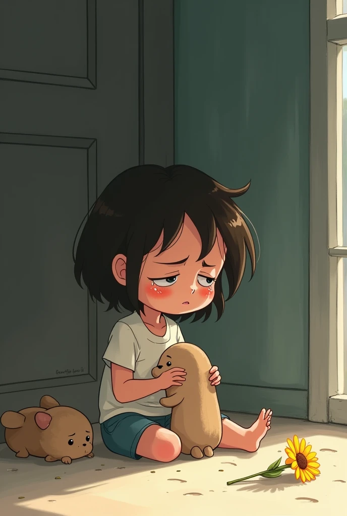 Create me an animated character that is a sad child for his deceased pet 2d animation