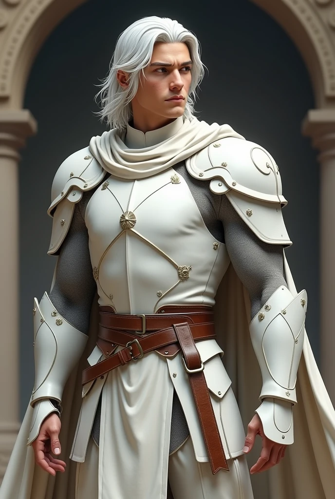 Elf, man, white shoulder length hair, muskeln, warrior, young man, white warrior suit, elf