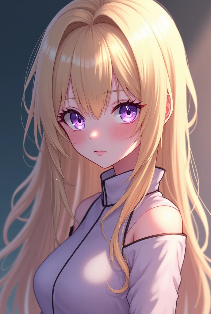 Make a character from the Anime Naruto, with light blond hair, feminine half lilac eyes
