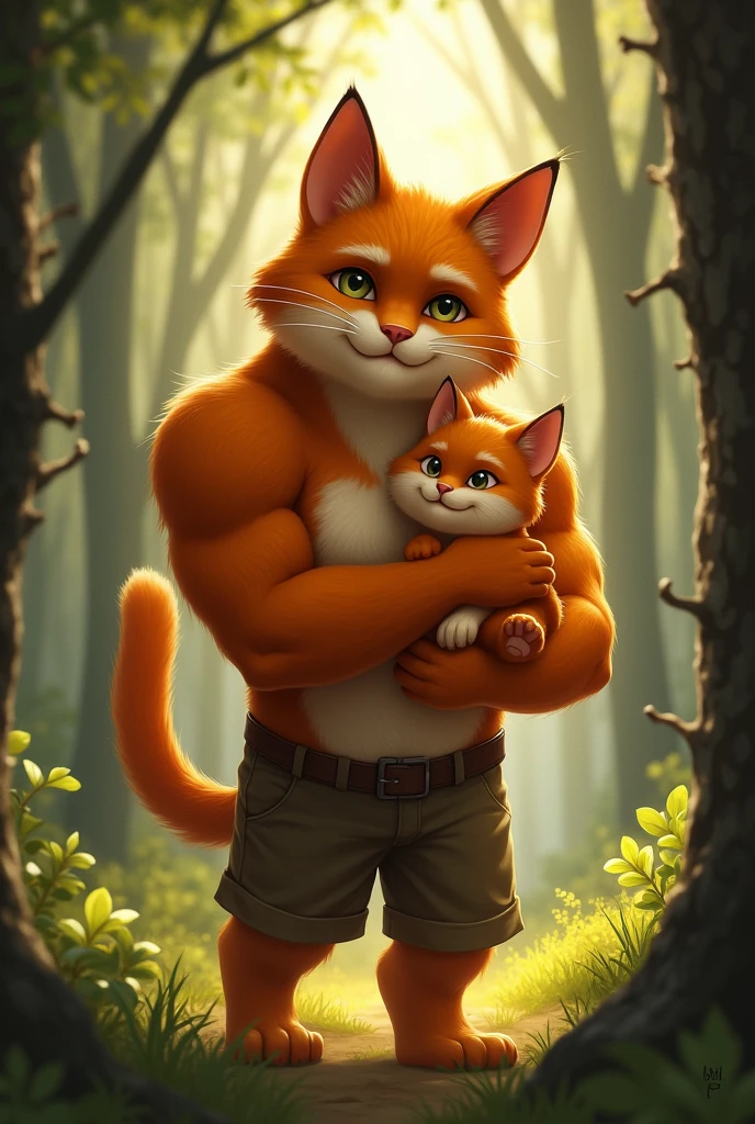 *Returning Home with Ember**:
- *Prompt*: "A muscular orange cat with a human body, carrying a small orange kitten close to his chest as he walks back home through the forest. Blaze’s expression is one of relief and love, and the kitten is snuggled up against him, safe and warm. The forest is brightening as they approach the safety of their cozy home in the distance."