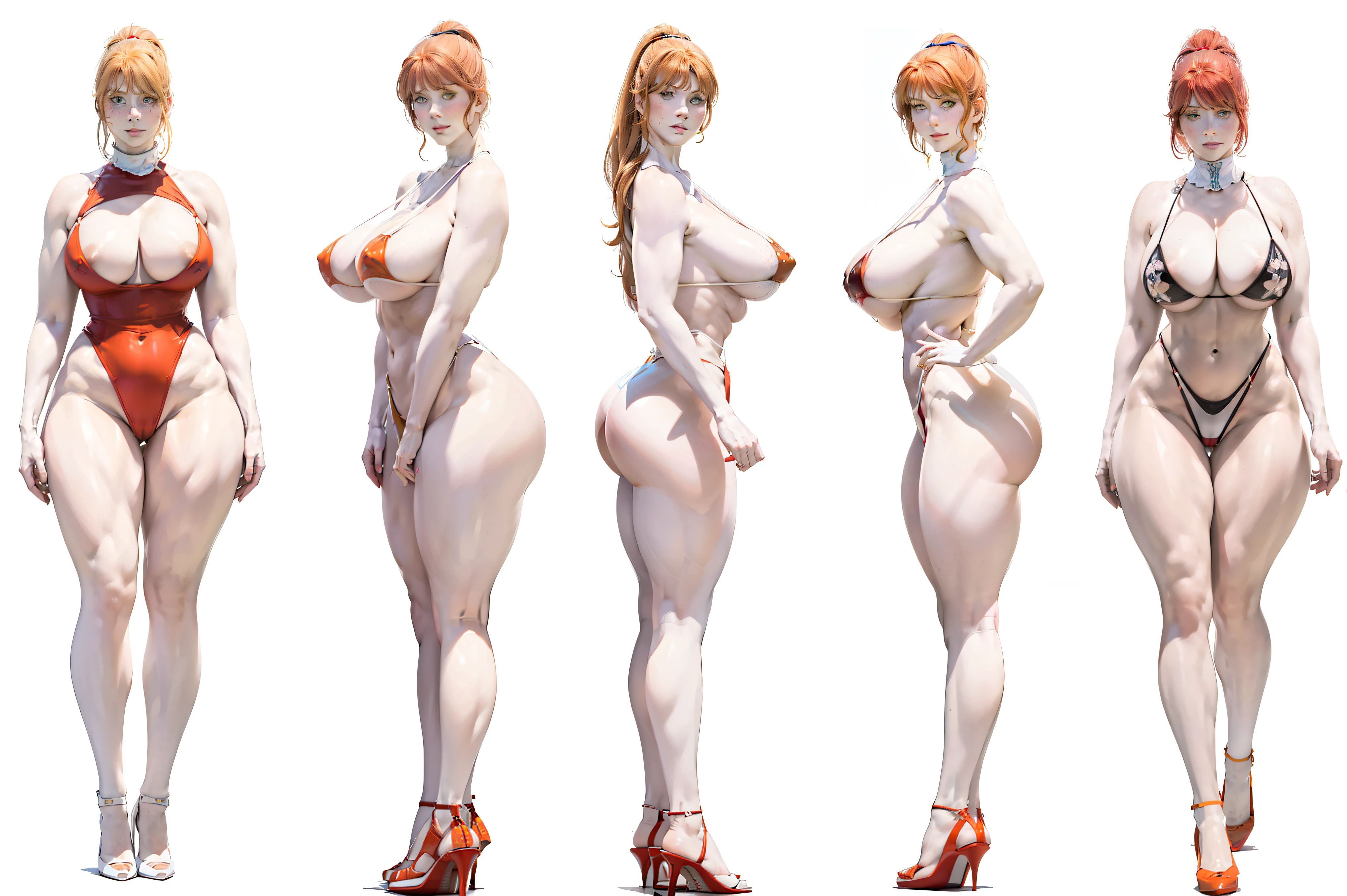 (Artwork, highest quallity:1.2), a girl, standing alone, all-body, breasts big, orange red hair, freckles, breasts big, greeneyes, mature woman, blush, White transparent and tight micro tiny bikini, knee socks, ((wearing red high heels)), voluptuous body, beautiful breasts, very thick thighs, Very Wide Hips, Waist slender, Legs long, they are standing, standing backwards, looking back, sexually, pose sexy, whole body, show whole body from head to feet,
