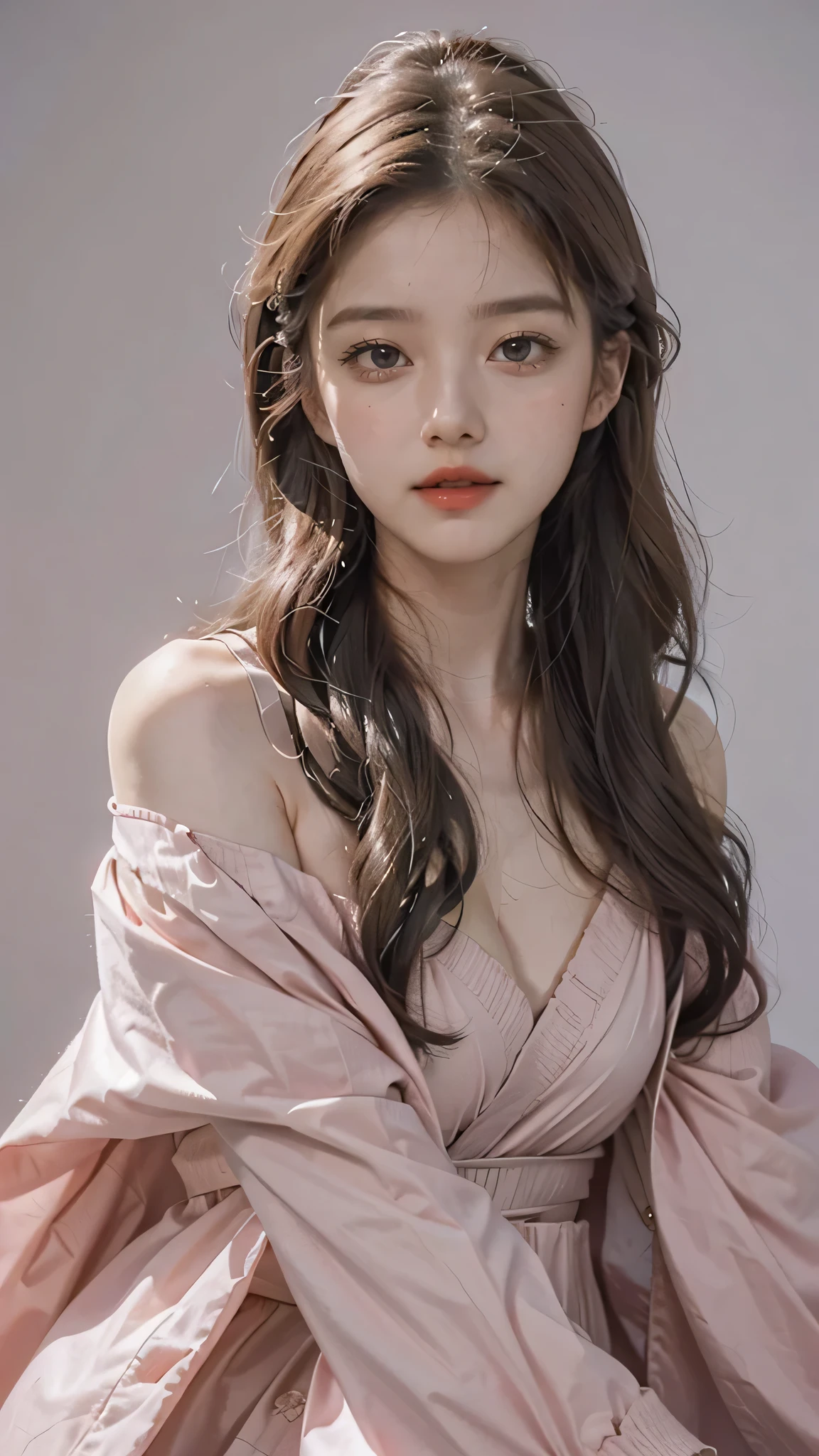 Girl wearing, luxury pink  coat, shoulder length hair, wavy hair, glowing skin, star in eye, red lips, grey  background, cute poses , upper body, 