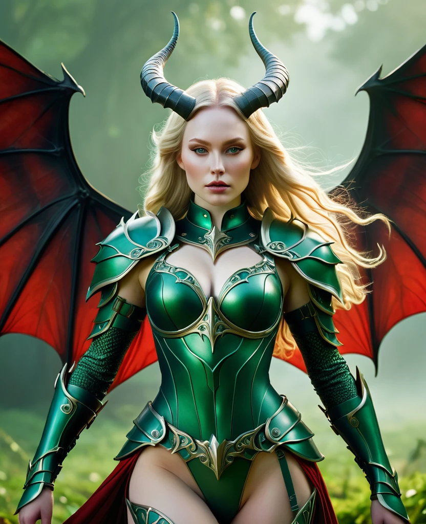 Fantasy digital artwork featuring a powerful female figure with long, flowing blonde hair and pale skin. She has large, curved horns on her head and is adorned in intricate, dark green armor that covers her chest and lower body, leaving her midriff exposed. Her wings are large, red, and bat-like, with a textured, almost organic appearance. The background is a surreal, greenish landscape with swirling mists and indistinct shapes, adding to the otherworldly atmosphere. The overall style is highly detailed and vibrant, with a focus on dramatic lighting and dynamic composition., depth of field, 4K, anatomically correct, masterpiece, high details, award winning, high quality, super detail, best quality, 8k