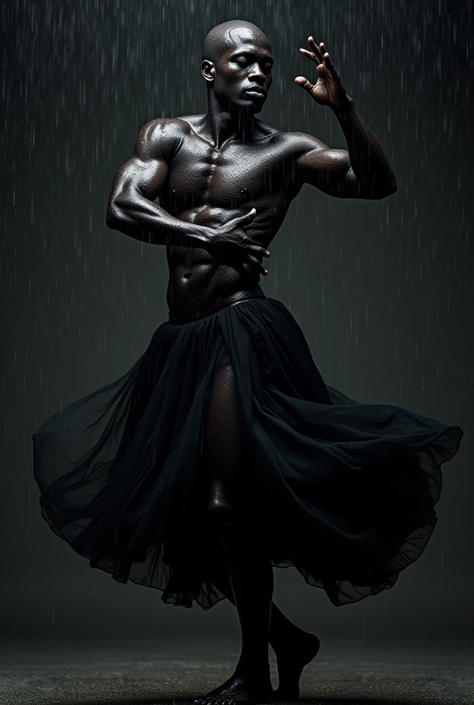 create a conceptual photograph of a very black man painted with black paint with a shaved head and dancing in the rain and wearing only a black tulle skirt, dark background, with direct light on the man