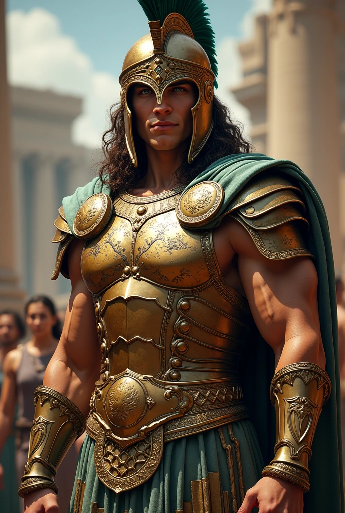 Create the image of a tanned Greek soldier with blue eyes and long straight wavy hair from these features and the features below Helmet of Athena:

Description: The helmet is made of polished bronze, with an elegant and detailed design. It has an aerodynamic shape that offers protection without sacrificing visibility. The front is adorned with emerald plumage that represents Athena&#39;s wisdom and courage..
Special features: Protects your head and face, with an opening for the eyes that is covered by a very fine metal mesh for additional protection. The helmet is enchanted to provide mental clarity and an increase in strategic combat abilities..
2. breastplate (cuirass) Bronze:

Description: The breastplate is made of sturdy bronze, with embossed details representing images of gods and mythological scenes. It is fitted to the body to offer maximum mobility and protection.
Special features: Provides excellent protection against frontal attacks and is light enough to allow agility. The interior is lined with a padded material for comfort and impact absorption..
3. shoulder pads and bracers:

Description: The shoulder pads are wide and robust, designed to deflect attacks aimed at the shoulders. The bracers are made of the same bronze as the breastplate and cover the forearms..
Special features: The shoulder pads have an aerodynamic design that allows for fluid movement. The braces are reinforced to withstand blows and impacts during combat.
4. strikes (leg guards) and boots:

Description: Greaves protect Clomerus&#39; legs up to the knees, while the boots are designed to provide additional grip and support.
Special features: Greaves are adjustable to ensure a perfect fit, and are made of the same strong bronze. The boots have reinforced leather soles to ensure traction on various types of terrain..
5. shield:

Description: The shield is round and made of bronze,