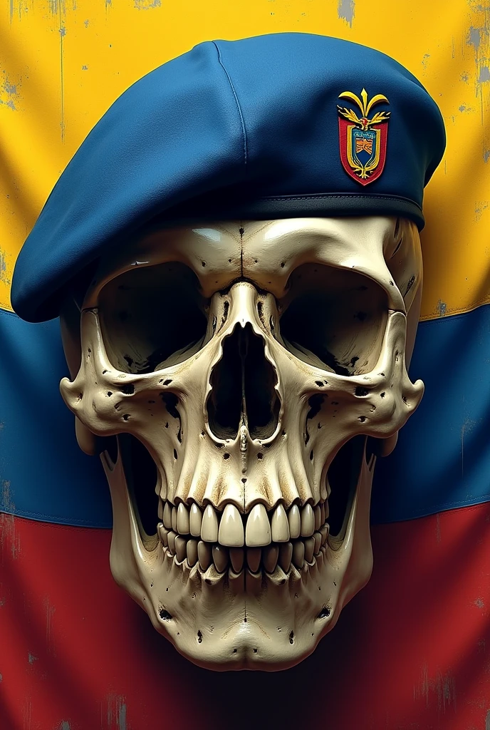 generates an image of a military skull with a blue beret on the right side with a torn background of the Ecuadorian flag