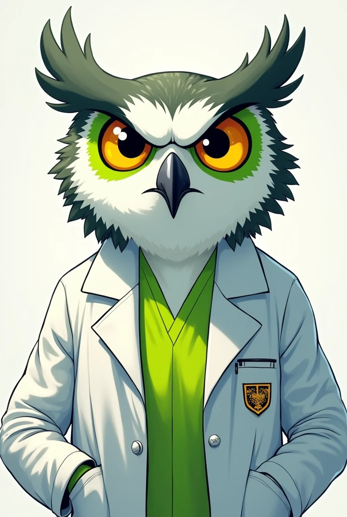 Medical owl with lime green shirt and white coat Could you make it more anime like please Now could you make it with a bit more aggressive face, not much, and with a style more like an Olympic Games mascot I liked it very much, Seriously thanks, could you do it in that same style but with a frog please