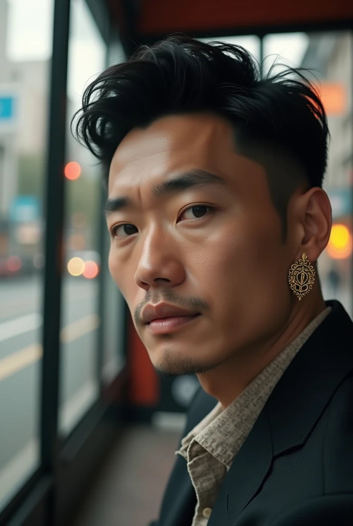 (Close-up of a better masterpiece:1.5)0.9], Handsome Asian man turns to look at camera, temple earrings, earring, as rockers, sitting at the city bus stop 