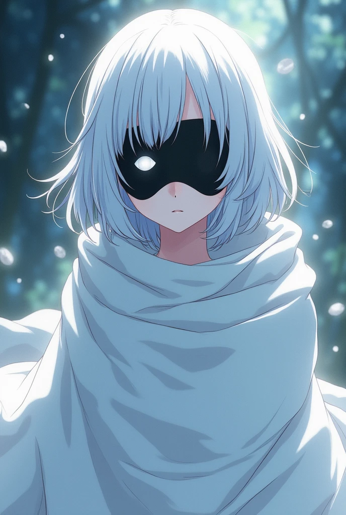 Anime style girl with medium-long white hair with black tips with a blanket covering her entire white body and a black mask with a large eye in the center that covers her entire face