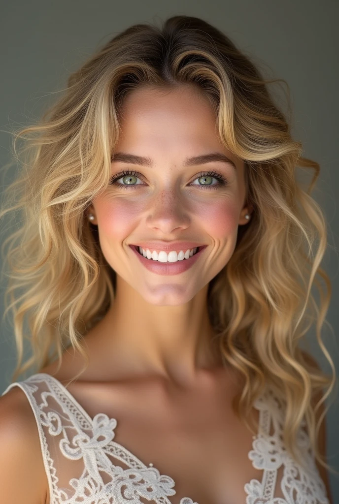 The young woman has fair skin, bright green eyes and curly blonde hair that falls in well-defined ringlets around her face. Your hair has a natural shine and volume that highlights your delicate features.. She has a slim, sculpted waist., with a slender and elegant body. His expression is warm, with a soft smile that conveys confidence and kindness. The face is well lit, showing the texture of the skin and the brightness of the eyes, while the background is neutral, further highlighting its realistic appearance.