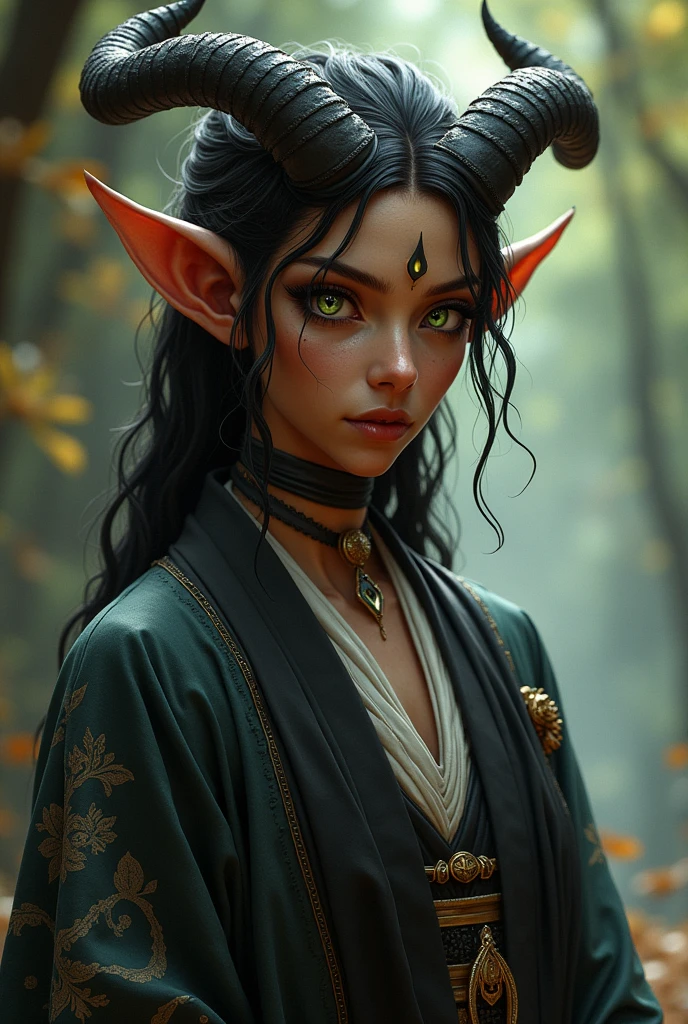 And a character for RPG, a brown-skinned Tiefling with only one horn wearing something similar to a kimono and each of his eyes also has a different color, the right eye has a green pupil and the left is dark with a golden pupil. 