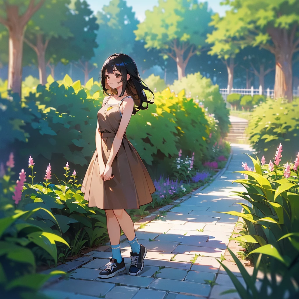 (high quality, High resolution, Very detailed, reality:1.37), Peaceful atmosphere, (Outdoor, garden),  girl standing alone, (my breasts are big.), Beautiful details, Cute Smile, (Black bob hair), camisole, Brown Skirt, Blue socks, sneakers.