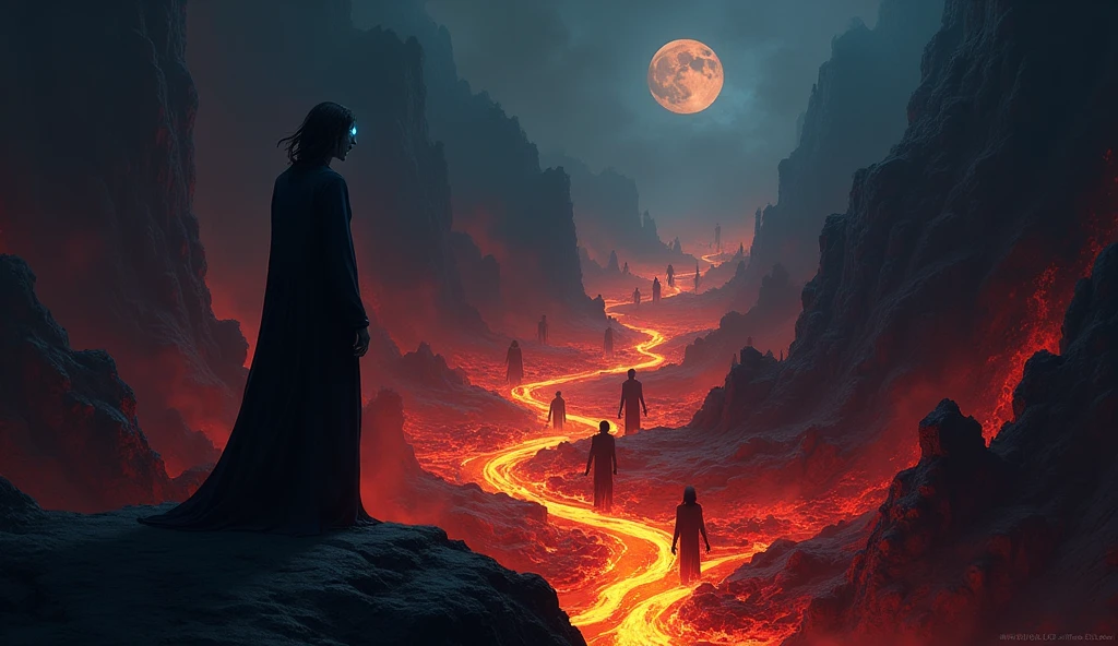 A dark illustration of a hellish landscape, with rivers of magma weakly illuminating the silhouettes of human figures writhing in pain. At the bottom, a tall and enigmatic figure, with dark hair and bright blue eyes, He watches with a disturbing smile, standing out from the shadows. A sense of anguish and despair permeates the scene..