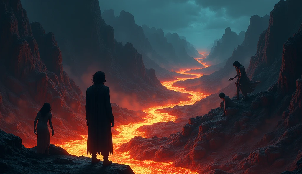 A dark illustration of a hellish landscape, with rivers of magma weakly illuminating the silhouettes of human figures writhing in pain. At the bottom, a tall and enigmatic figure, with dark hair and bright blue eyes, He watches with a disturbing smile, standing out from the shadows. A sense of anguish and despair permeates the scene..