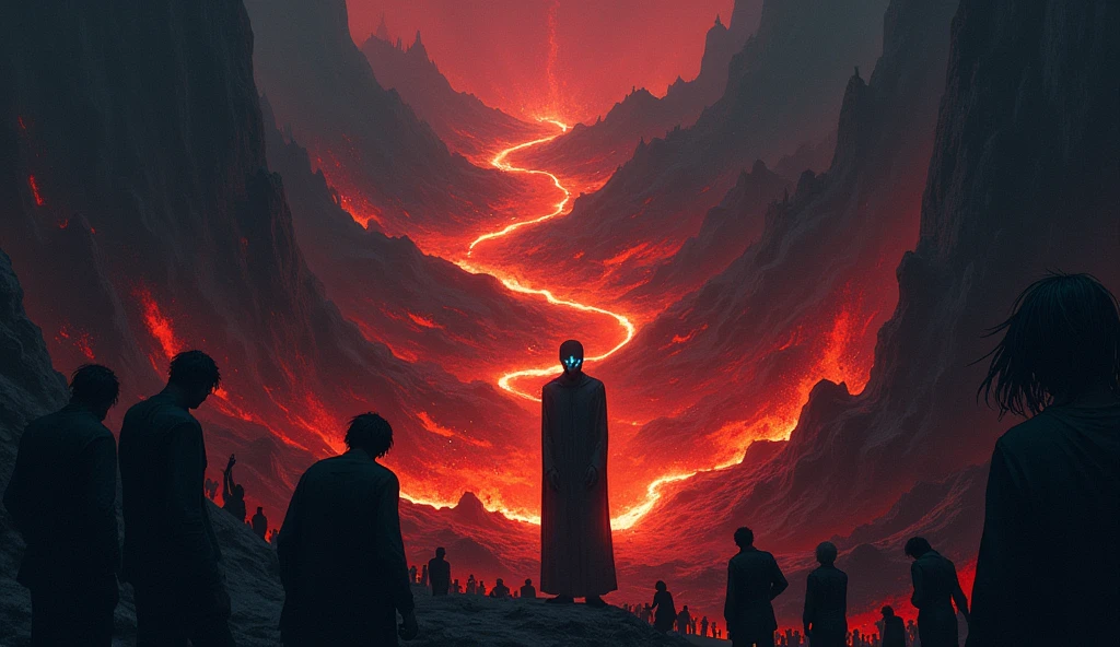 A dark illustration of a hellish landscape, with rivers of magma weakly illuminating the silhouettes of human figures writhing in pain. At the bottom, a tall and enigmatic figure, with dark hair and bright blue eyes, He watches with a disturbing smile, standing out from the shadows. A sense of anguish and despair permeates the scene..