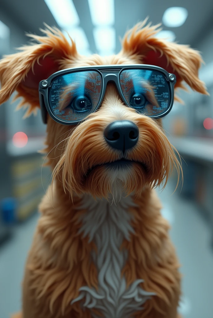 Googles that sit on top of fancy engineering glasses and dogs