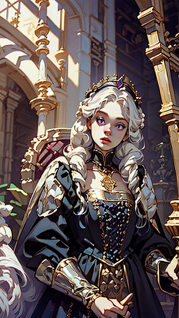Beautiful albino woman with detailed braided medieval hairstyle (silky hair)(updo) (white hair,wearing detailed medieval horse riding clothes (red and black colours), with gold accessories and gold tiara, medieval queen, medieval woman,queen,game of thrones style,daenerys targaryen style, high quality, very detailed,hd quality, masterpiece ((purple eyes))