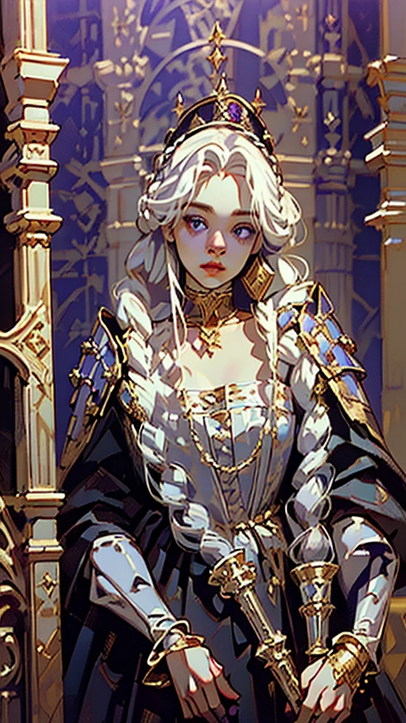 Beautiful albino woman with detailed braided medieval hairstyle (silky hair)(updo) (white hair,wearing detailed medieval horse riding clothes (red and black colours), with gold accessories and gold tiara, medieval queen, medieval woman,queen,game of thrones style,daenerys targaryen style, high quality, very detailed,hd quality, masterpiece ((purple eyes))