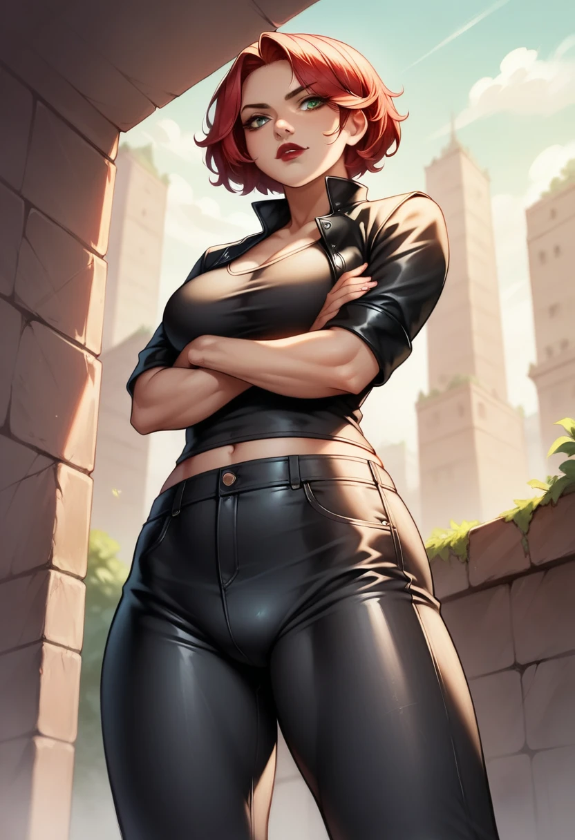 (high-level image quality), (high quality), (high resolution), (detailed), (masterpiece), beautiful woman, ((caucasian)), green eyes, red hair, short hair, dark red lipstick, black top, leather jacket, leather pants, portrait, down below, confident, arms crossed