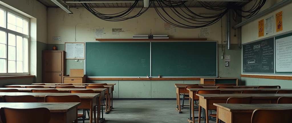 I show a classroom and exposed electricity wires