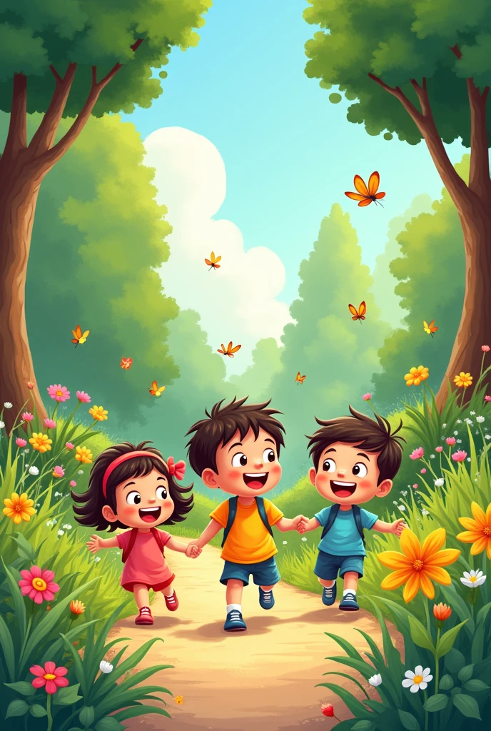 Cartoon of three children playing in a garden
