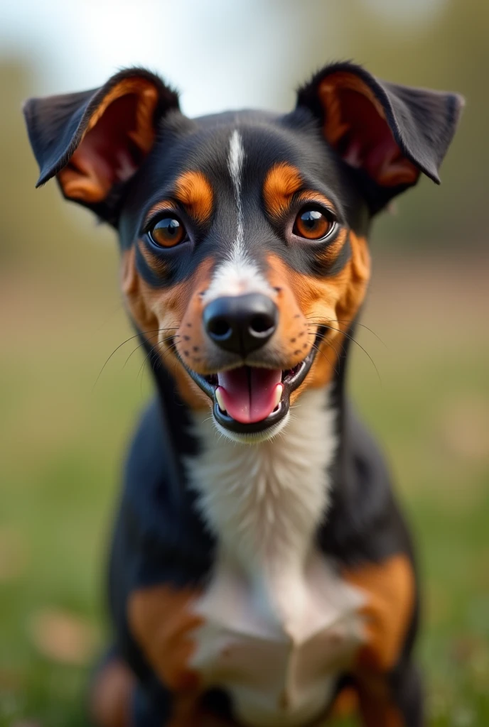 Dog cross between Pinscher and Jack Russel Terrier brown color, black and white stronger cross of medium pinscher small stronger brown and black with tender face