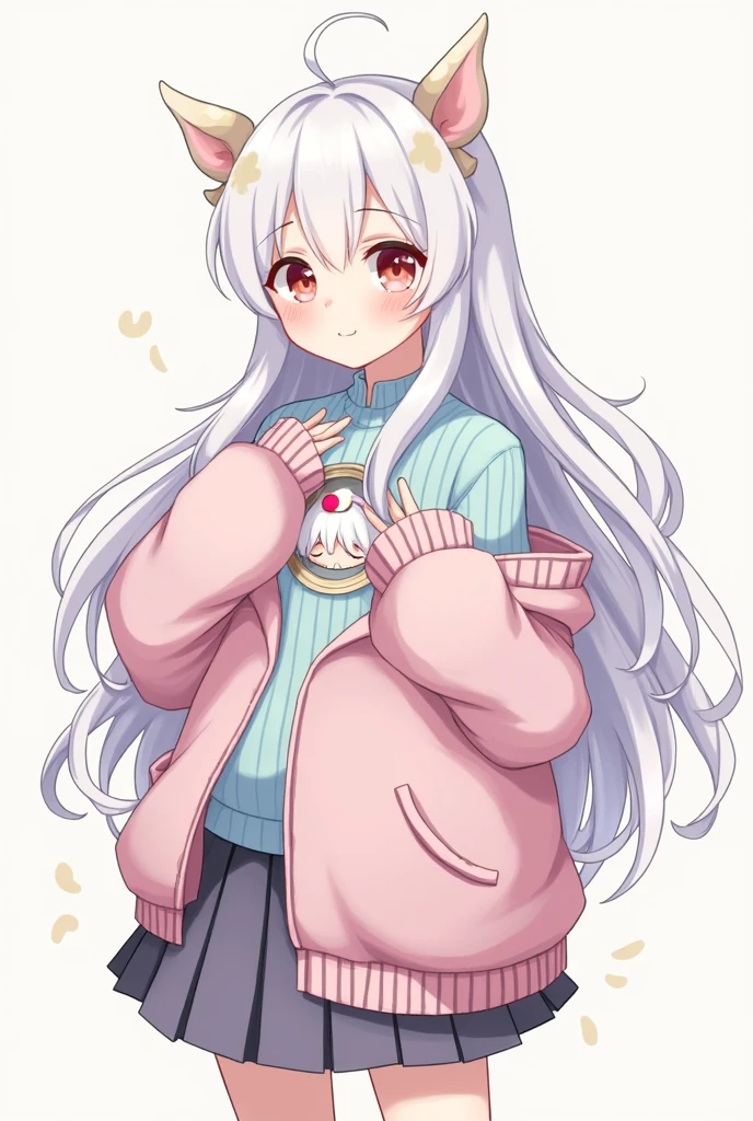 Create an anime-type girl with long white hair and bangs wearing a big sweater with a skirt and horns where an amongos is hidden in the doubles of the clothes and is clearly visible