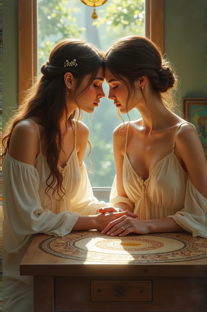 Beautiful woman sitting at table with Beautiful woman sitting on chair with table drawings of Chakras and with pendulum on the table