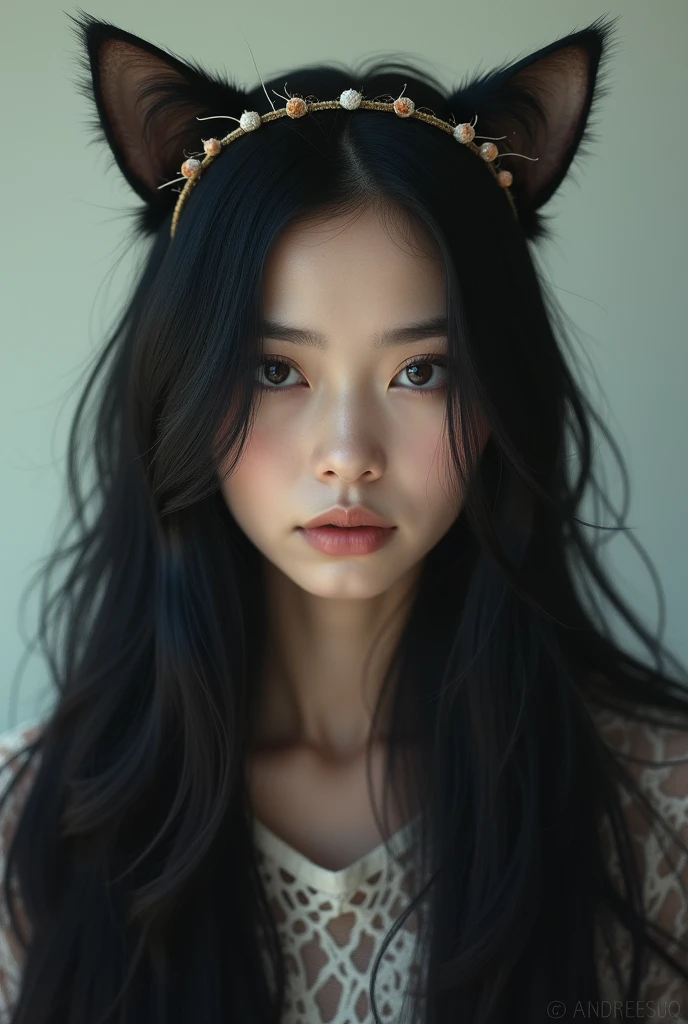 There is a woman with long black hair wearing a headband with cat ears., 1, Profile picture, profile picture, ayahausca, headshot Profile pictureture, taken in the early 2020s, 2, 1 , very low quality, inspired by Ion Andreescu, Profile picture, very very low quality, standing on a table