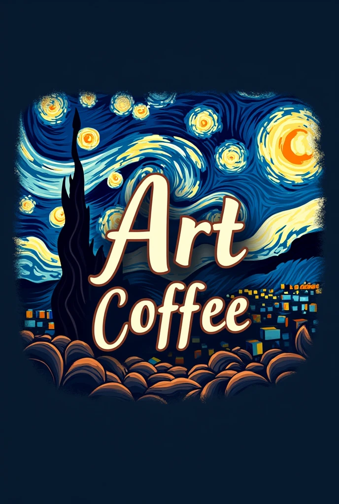 I want a logo for a cafe and the theme I want is about Van Gogh&#39;s Starry Night , The name of the cafeteria will be "ART COFFEE" and have the medium-sized letters in the center without repeating the word twice "art", change the letter a little 