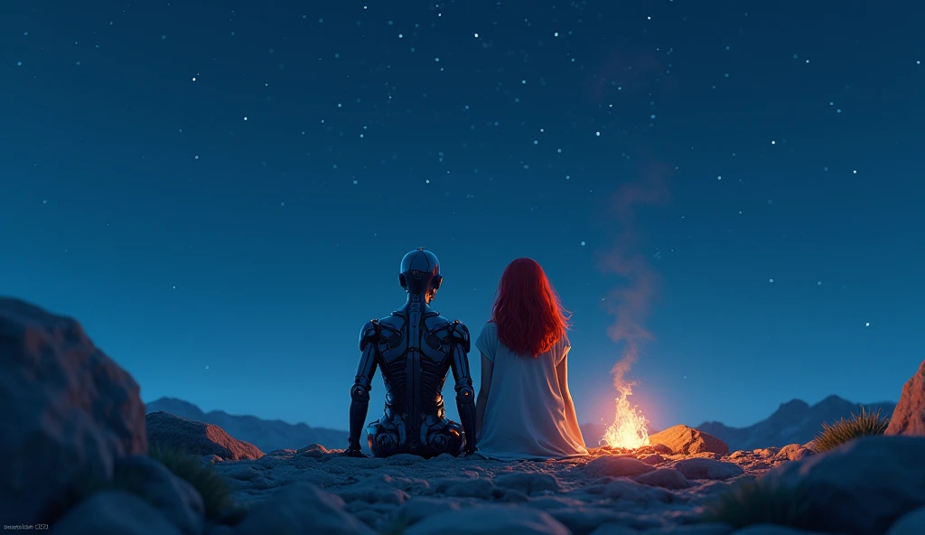 Two, an android and a redhead, sitting on rocks watching the blue night sky, lit only by the small fire in front of them