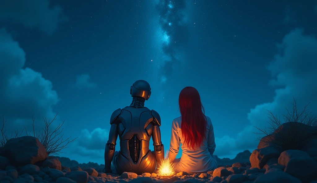 Two, an android and a redhead, sitting on rocks watching the blue night sky, lit only by the small fire in front of them