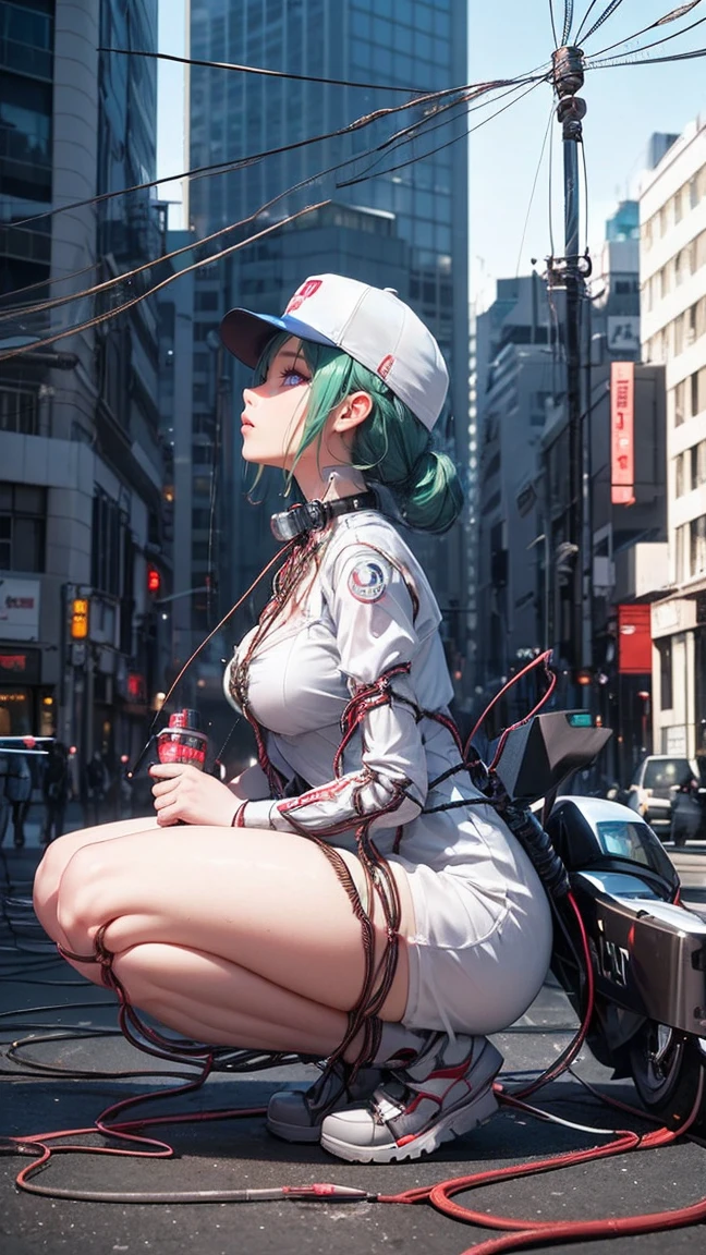masterpiece, top quality, best quality, official art, beautiful and aesthetic:1.2), (1girl:1.3), extreme detailed, colorful, highly detailed ((ultra-detailed)), (highly detailed CG illustration), ((an extremely delicate and beautiful)),(from side),cinematic light,((1mechanical girl)), solo, full body,(machine made joints:1.2),((connector cables attached to her mechanical vertebra),((mechanical cervical attached to her neck)),(on her knees),expressionless,(wires and cables attaching to neck:1.2),(wires and cables to her head:1.2)(character focus), wearing a translucent white dress, wearing visor glasses, {{{holding a baseball bat}}}, short light green hair, science fiction, futuristic Tokyo background with neon and billboards, advertisements, flying cars (heavy wires:1.5), [[[highly detailed face!!!]]].