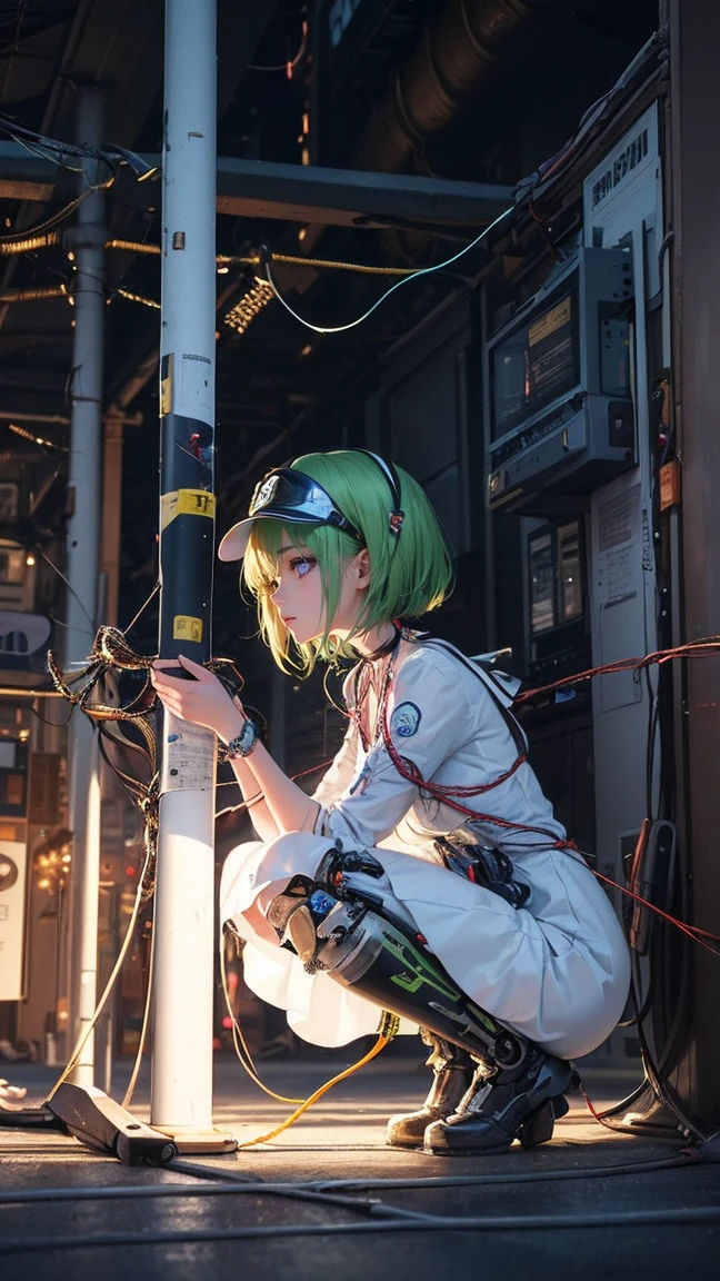 masterpiece, top quality, best quality, official art, beautiful and aesthetic:1.2), (1girl:1.3), extreme detailed, colorful, highly detailed ((ultra-detailed)), (highly detailed CG illustration), ((an extremely delicate and beautiful)),(from side),cinematic light,((1mechanical girl)), solo, full body,(machine made joints:1.2),((connector cables attached to her mechanical vertebra),((mechanical cervical attached to her neck)),(on her knees),expressionless,(wires and cables attaching to neck:1.2),(wires and cables to her head:1.2)(character focus), wearing a translucent white dress, wearing visor glasses, {{{holding a baseball bat}}}, short light green hair, science fiction, futuristic Tokyo background with neon and billboards, advertisements, flying cars (heavy wires:1.5), [[[highly detailed face!!!]]].