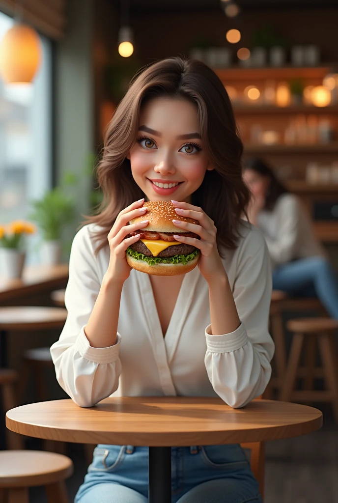 Woman eating hamburger